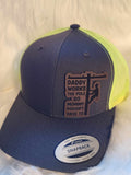 Trucker Hat with leather patch Daddy works the pole so mommy doesn't have to Lineman