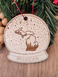 Michigan Snowglobe Laser Cut and Engraved Wood Ornament