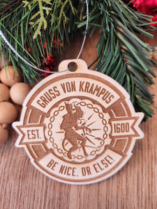 Gruss Von Krampus Be Nice or Else Laser Cut and Engraved Wood Ornament