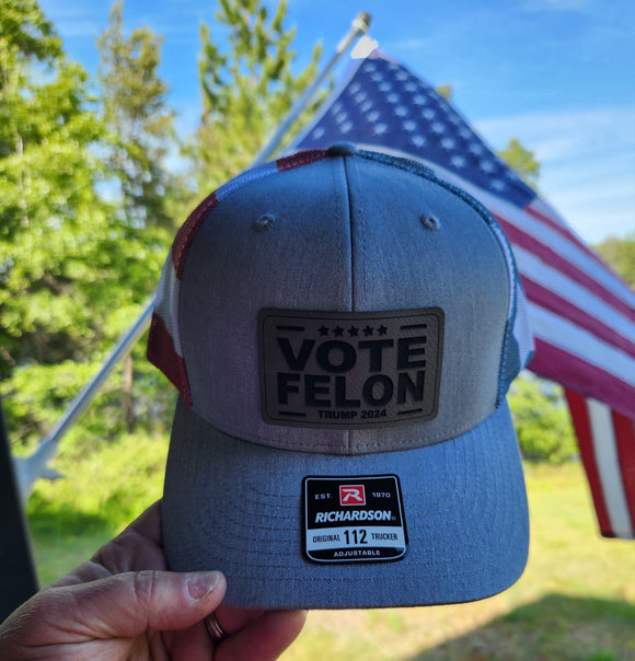 Vote Felon Trump 2024 Flag Trucker Cap Hat with Leather Patch