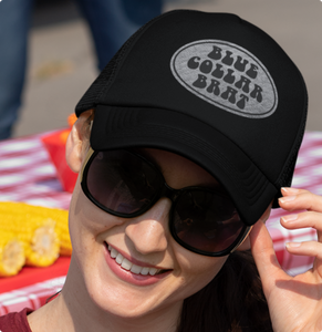 Blue Collar Brat Trucker Cap Hat with Leather Patch