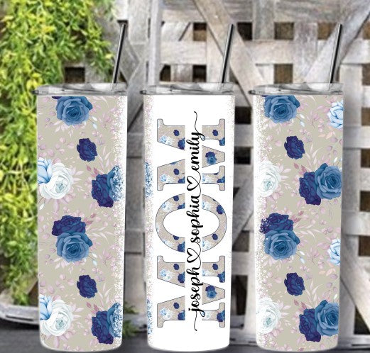Floral Mom with kids names 20 OZ Tumbler