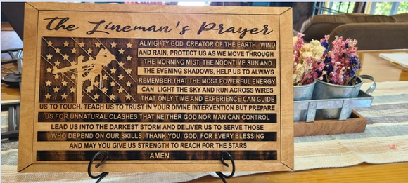 LIneman's Prayer Laser cut and engraved wood sign