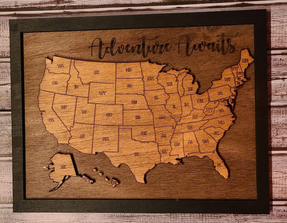 Adventure Awaits Map Sign Laser cut and engraved