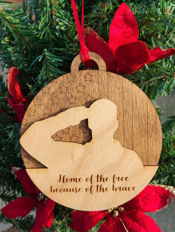 Home of the Free Because of the Brave Laser Cut and Engraved Wood Ornament