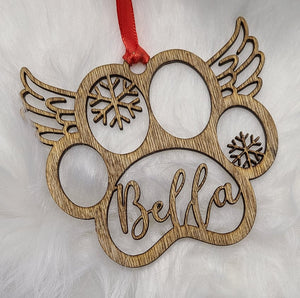 Paw with angel wings Pet Personalized Laser Cut and Engraved Wood Ornament