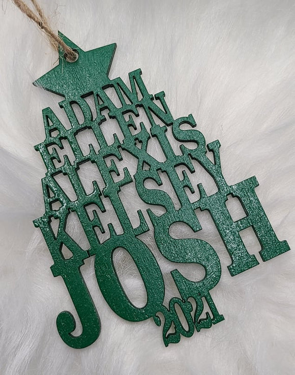 Names in the shape of a tree Personalized Laser Cut and Engraved Wood Ornament