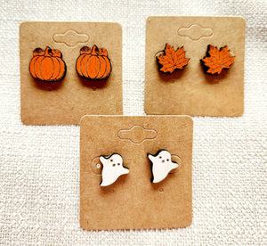 Fall Earring Set Studs Ghost Pumpkin Leaf Laser Cut Wood