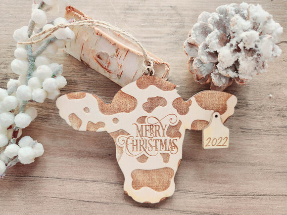 Cow with ear tag Laser Cut and Engraved Wood Ornament