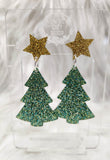 Green Glitter Christmas Tree with Gold Star Laser Cut Acrylic Handmade Earring Dangles