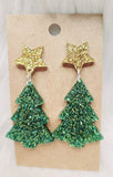 Green Glitter Christmas Tree with Gold Star Laser Cut Acrylic Handmade Earring Dangles