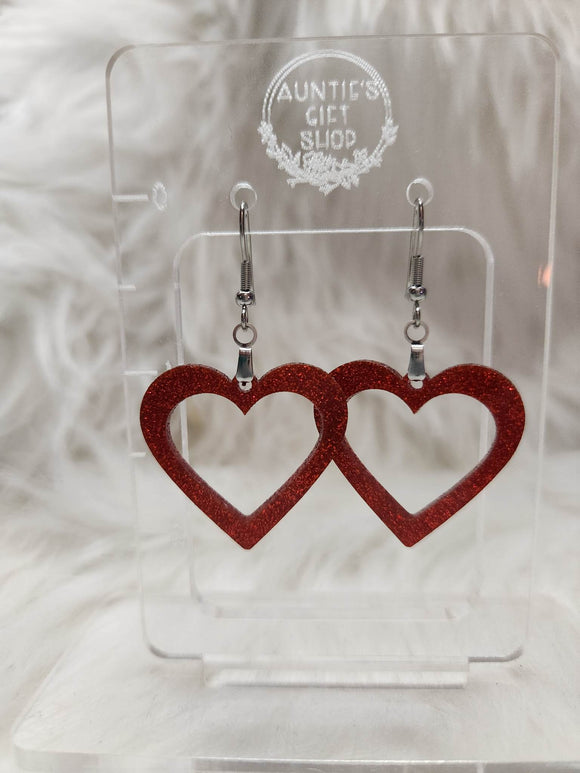 Red Glitter Heart Dangle Earrings Acrylic Handmade Laser Cut