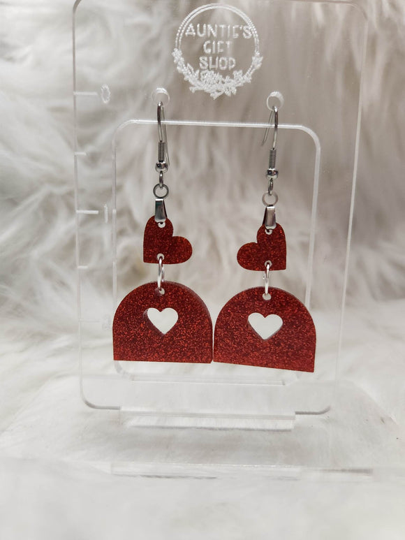 Red Glitter Double Heart Dangle Earrings Acrylic Handmade Laser Cut