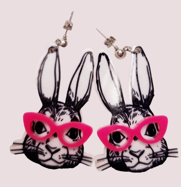 Bunny with Glasses Easter Laser Cut Acrylic Handmade Earring Studs