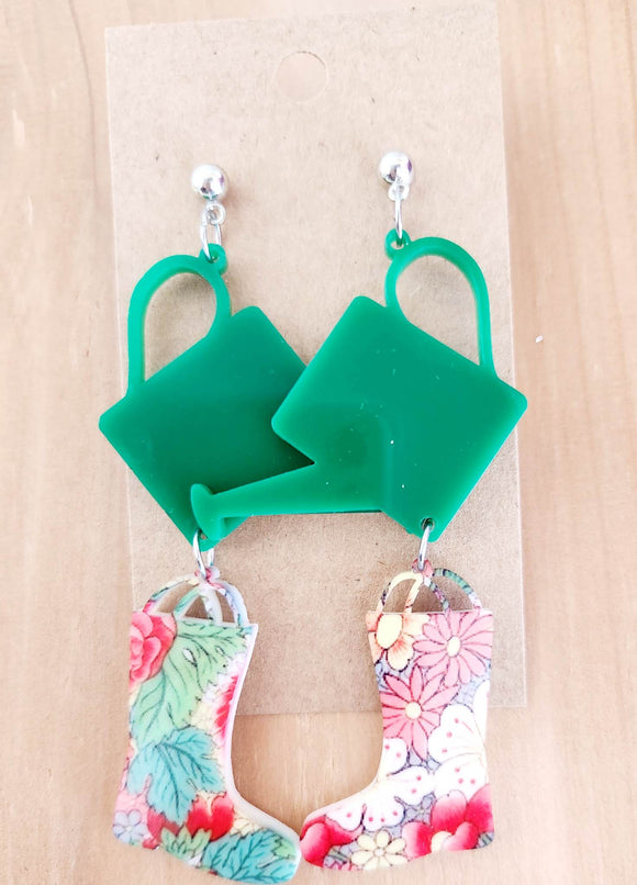 Watering Can and Rain Boots Dangle Earrings Laser Cut Acrylic Handmade Earrings