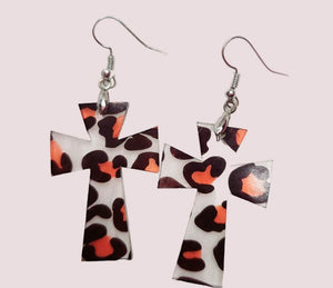 Cross Dangles with Cheetah Print Laser Cut Acrylic Handmade Earrings