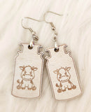 Milk Can Baby Cow Laser Cut Wood Handmade Earrings