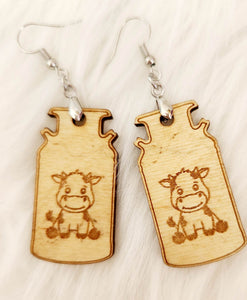 Milk Can Baby Cow Laser Cut Wood Handmade Earrings