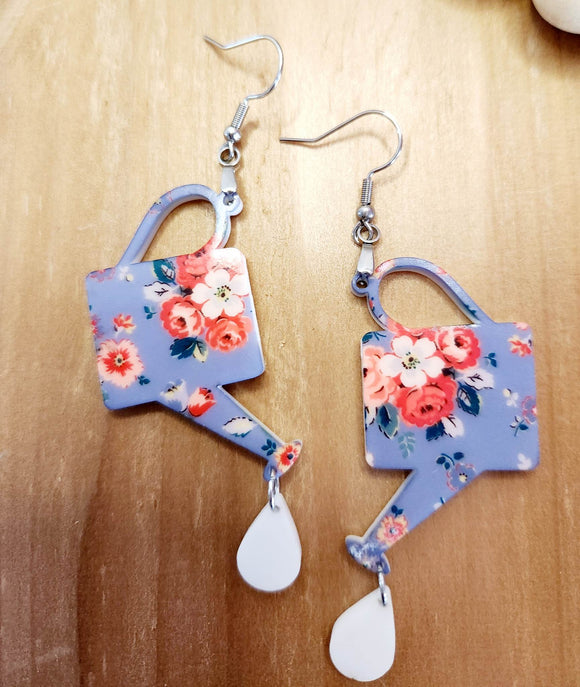 Watering Can with water drip Dangle Earrings Laser Cut Acrylic Handmade Earrings