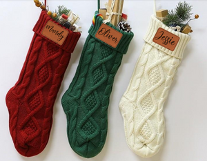 Personalized Christmas Stockings, Leather Patch Name Stockings, Laser Engraved Christmas Knit Socks