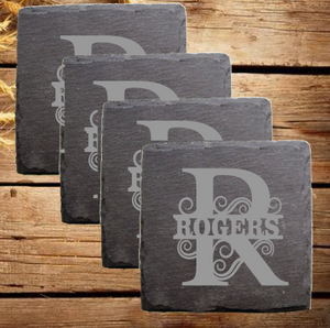 Laser Engraved Slate Coasters  - Set of 4 - Monogram